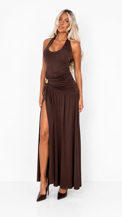Chocolate Brown Ruched Maxi Dress