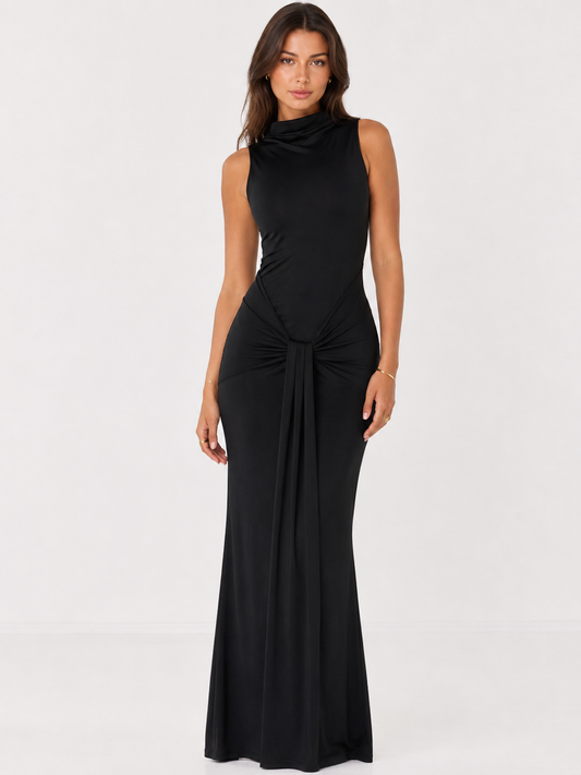 Black Draped Sleeveless Maxi Dress
